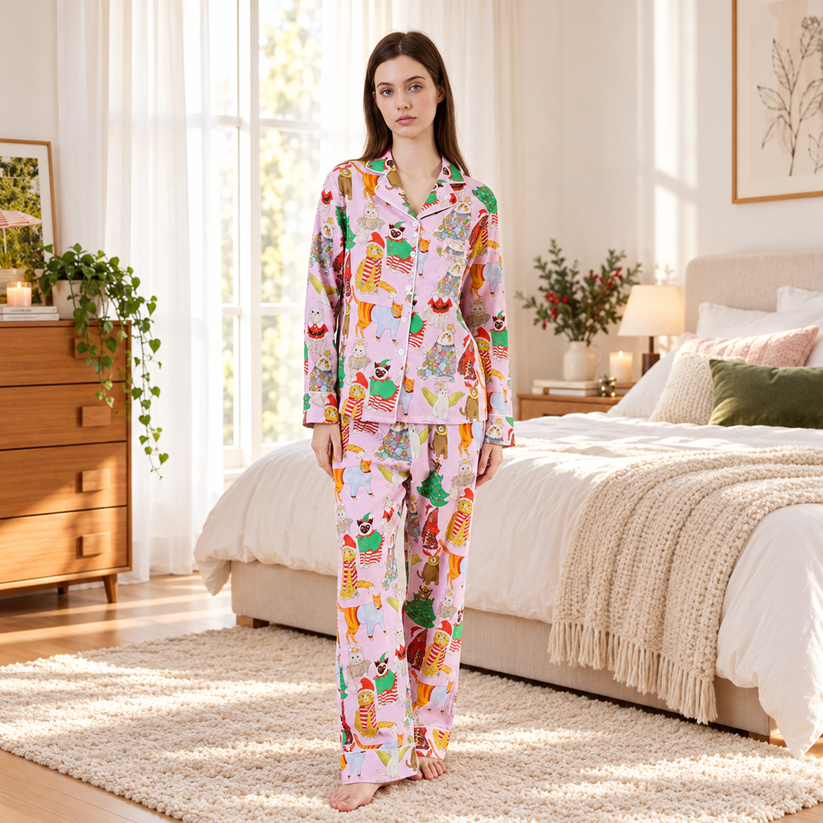 Festive Cat Print Long Pyjama Set - Pink