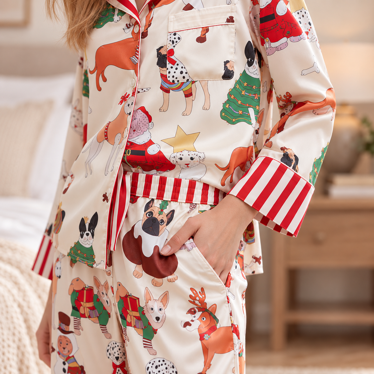 Festive Dog Print Satin Pyjama Set - Cream
