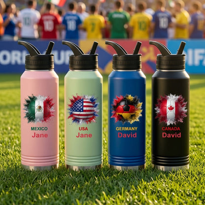 Personalized Soccer Water Bottle - Country Flags Gift For Soccer Lovers