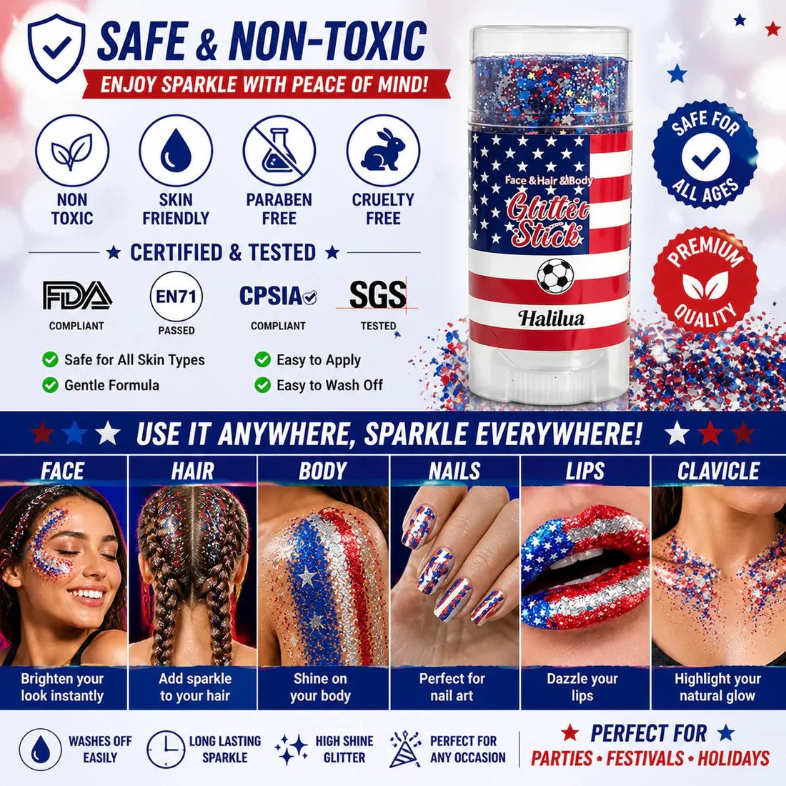 🦅4th of July Glitter Stick✨🔔Red, White & Blue Body & Hair Sparkle🔔