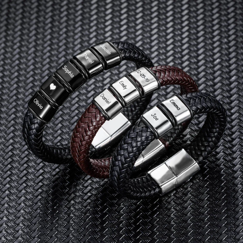 Personalized Engraved Name Braided Leather Bracelet – Dad & Grandpa Gift