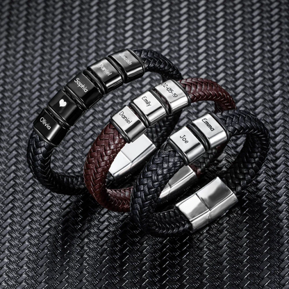 Personalized Engraved Name Braided Leather Bracelet – Dad & Grandpa Gift