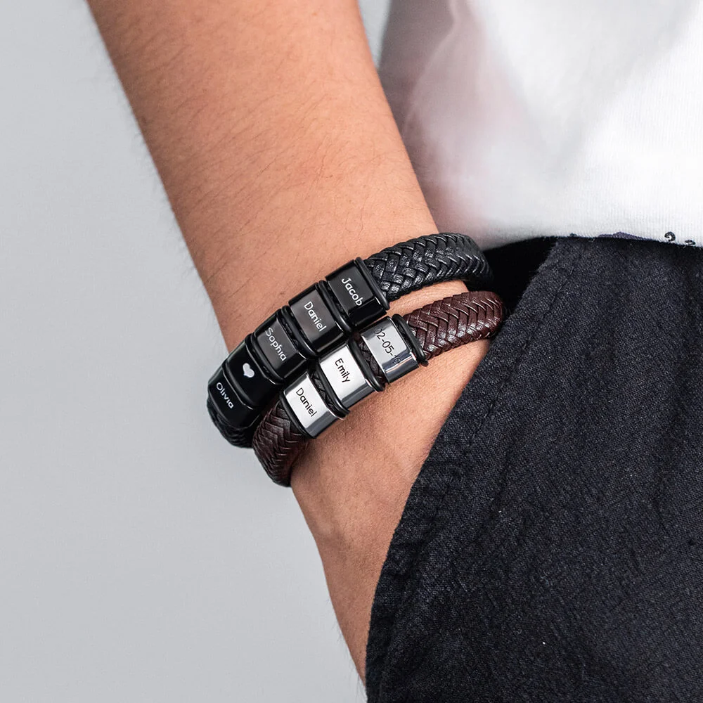 Personalized Engraved Name Braided Leather Bracelet – Dad & Grandpa Gift