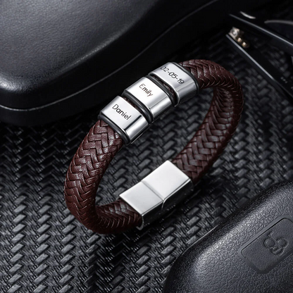 Personalized Engraved Name Braided Leather Bracelet – Dad & Grandpa Gift