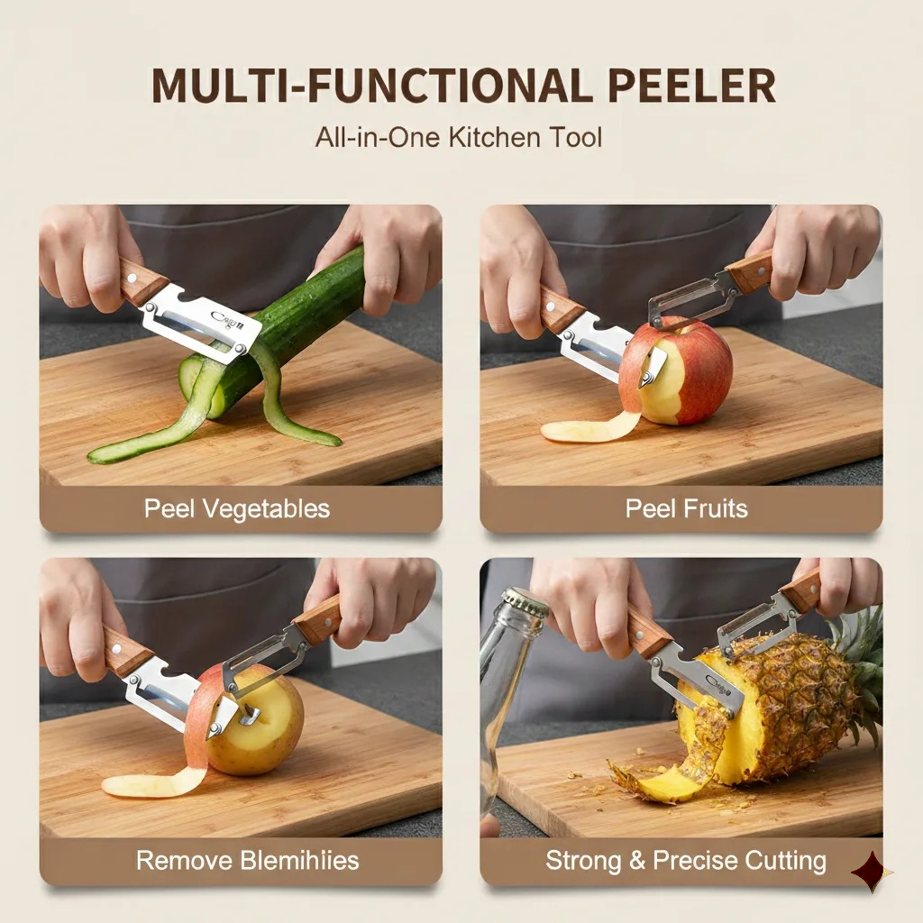 Stainless Peeler , High-Grade Durability, Clean, Precision Peeling + Bottle Opener
