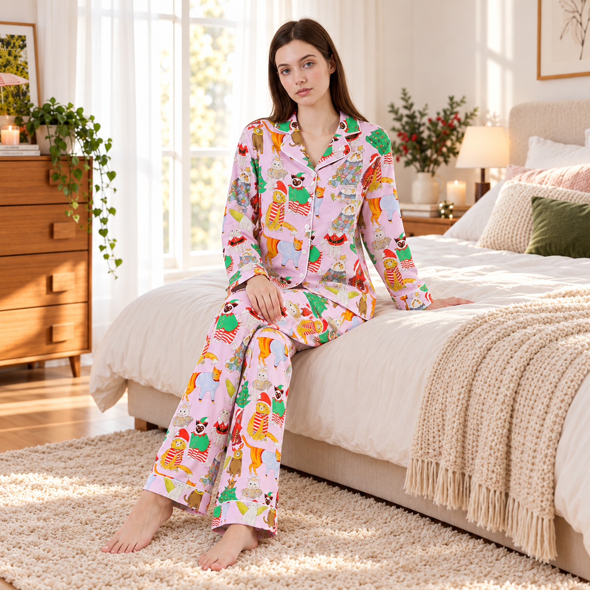 Festive Cat Print Long Pyjama Set - Pink