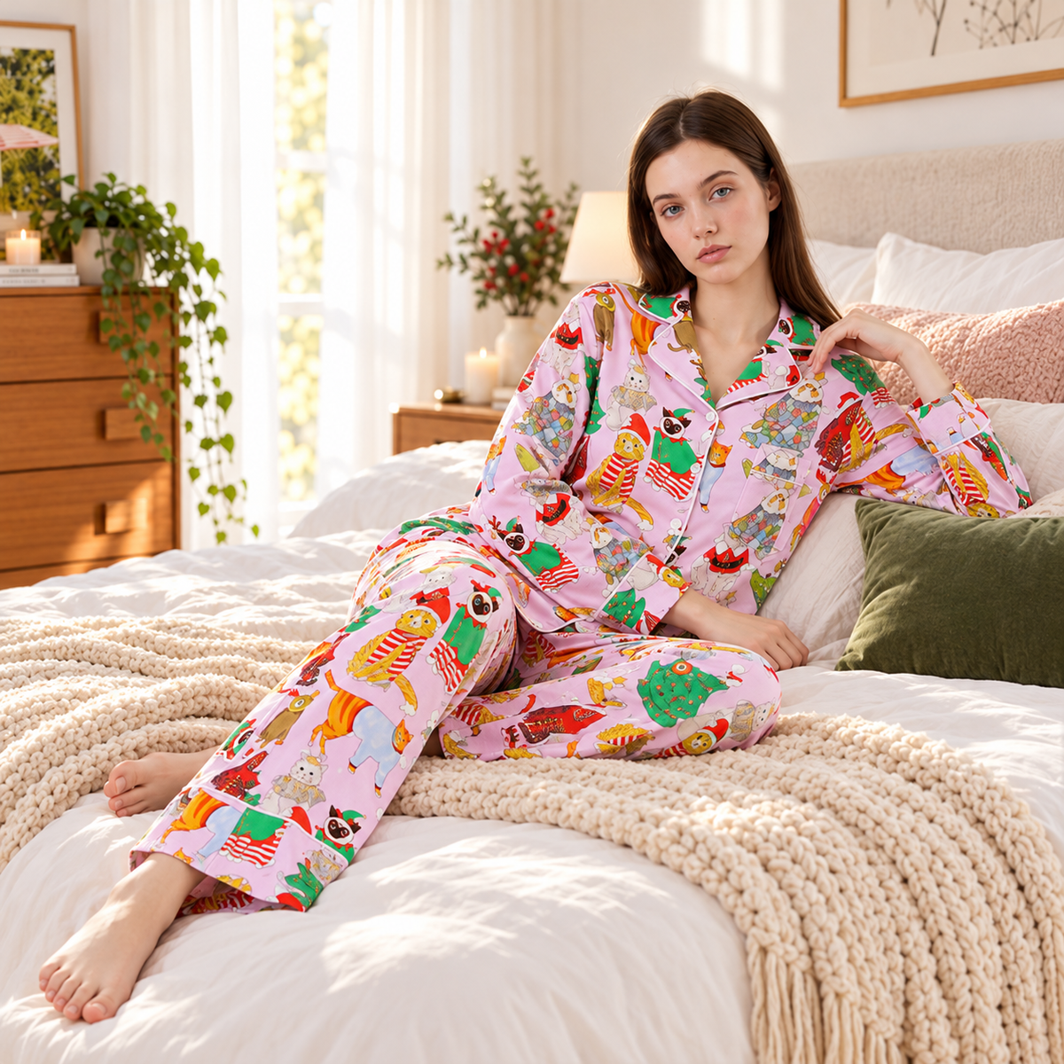 Festive Cat Print Long Pyjama Set - Pink