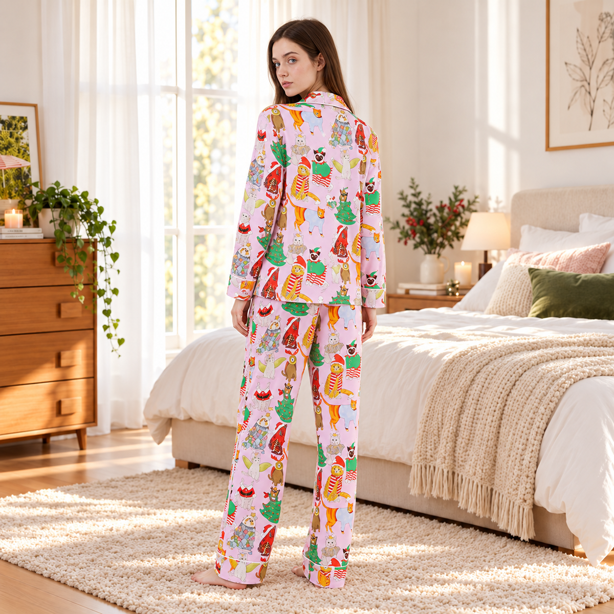 Festive Cat Print Long Pyjama Set - Pink