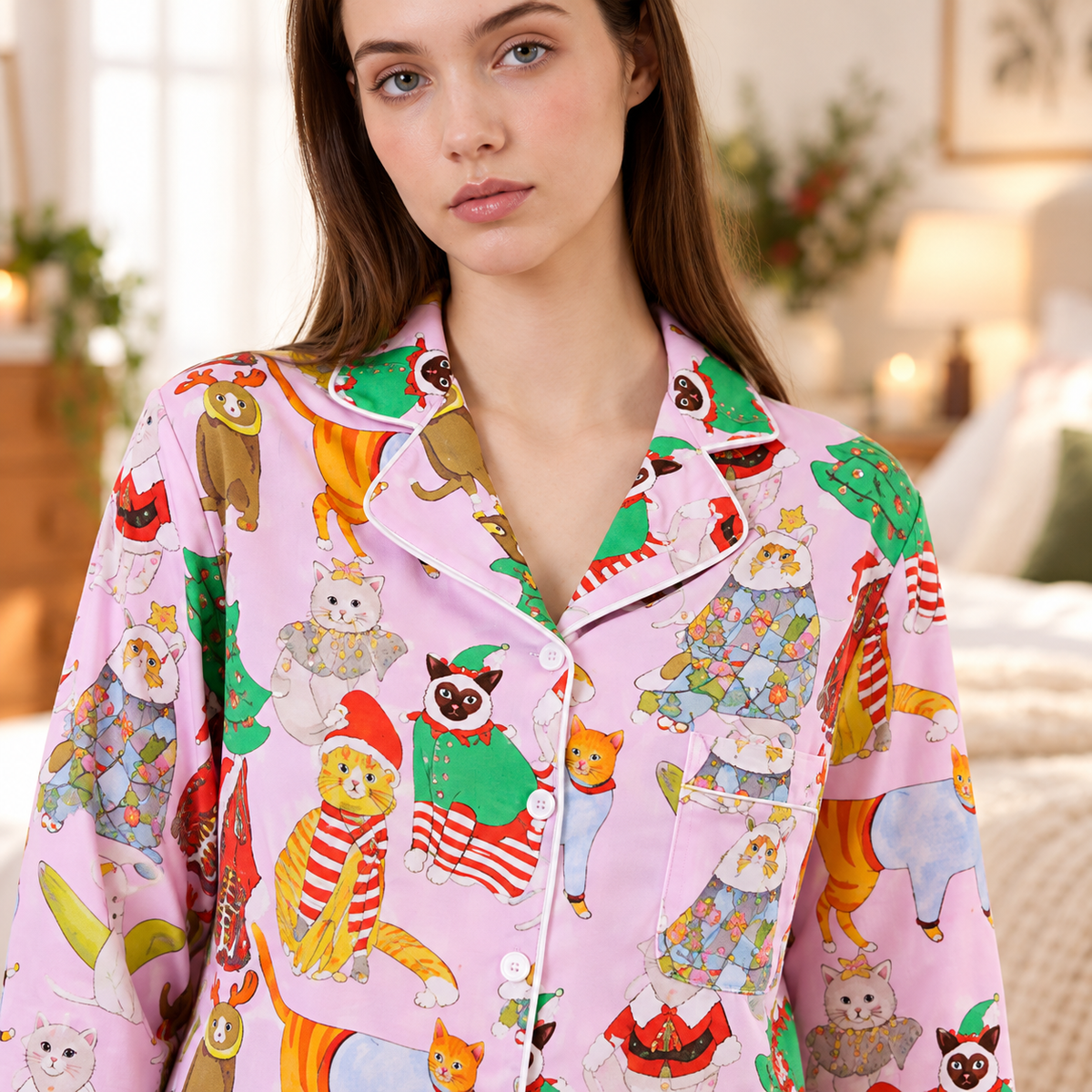 Festive Cat Print Long Pyjama Set - Pink