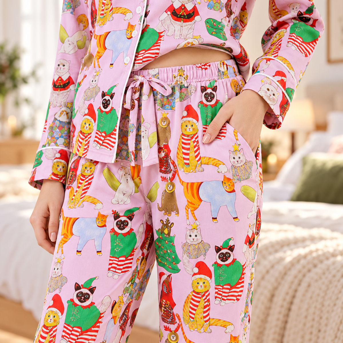 Festive Cat Print Long Pyjama Set - Pink