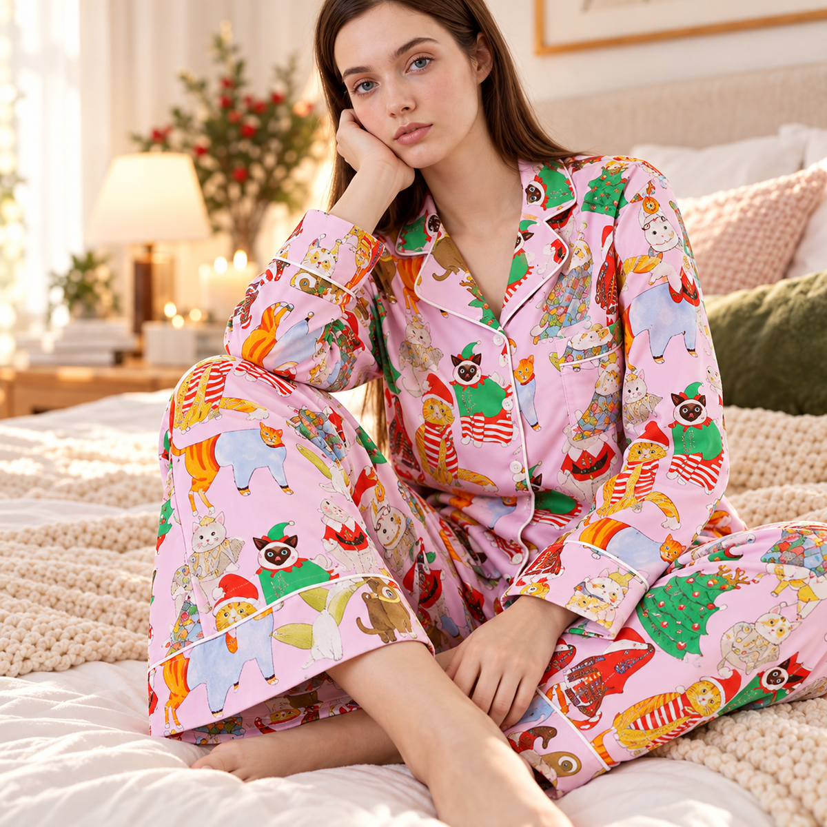 Festive Cat Print Long Pyjama Set - Pink