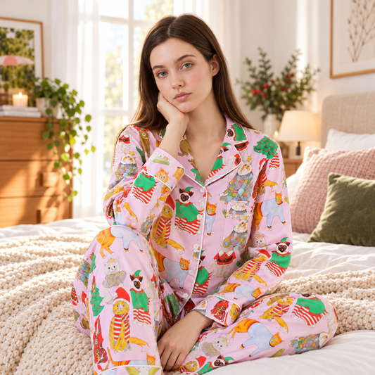 Festive Cat Print Long Pyjama Set - Pink