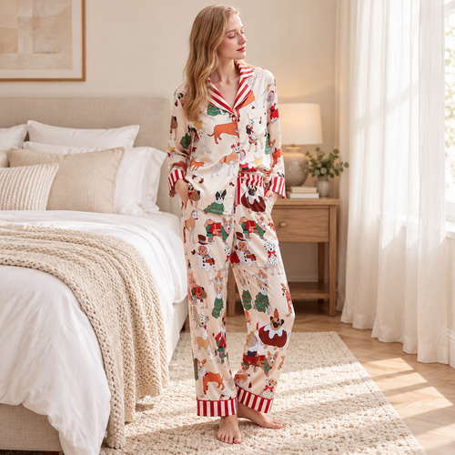 Festive Dog Print Satin Pyjama Set - Cream