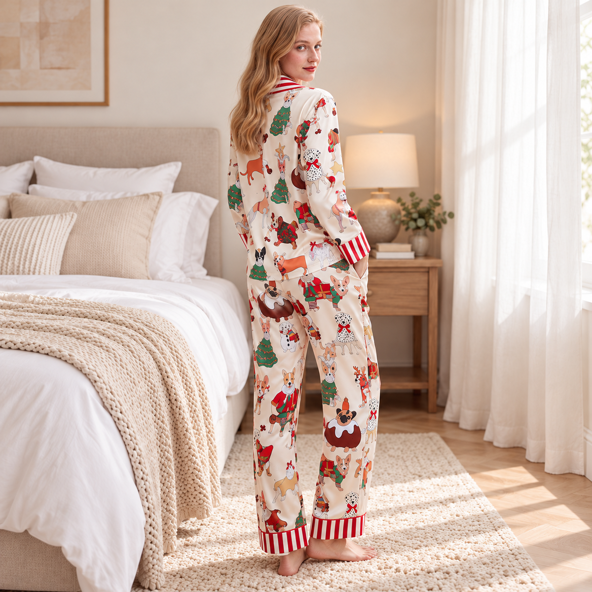 Festive Dog Print Satin Pyjama Set - Cream