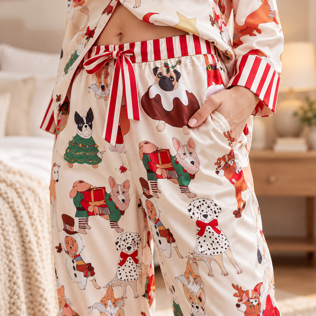 Festive Dog Print Satin Pyjama Set - Cream