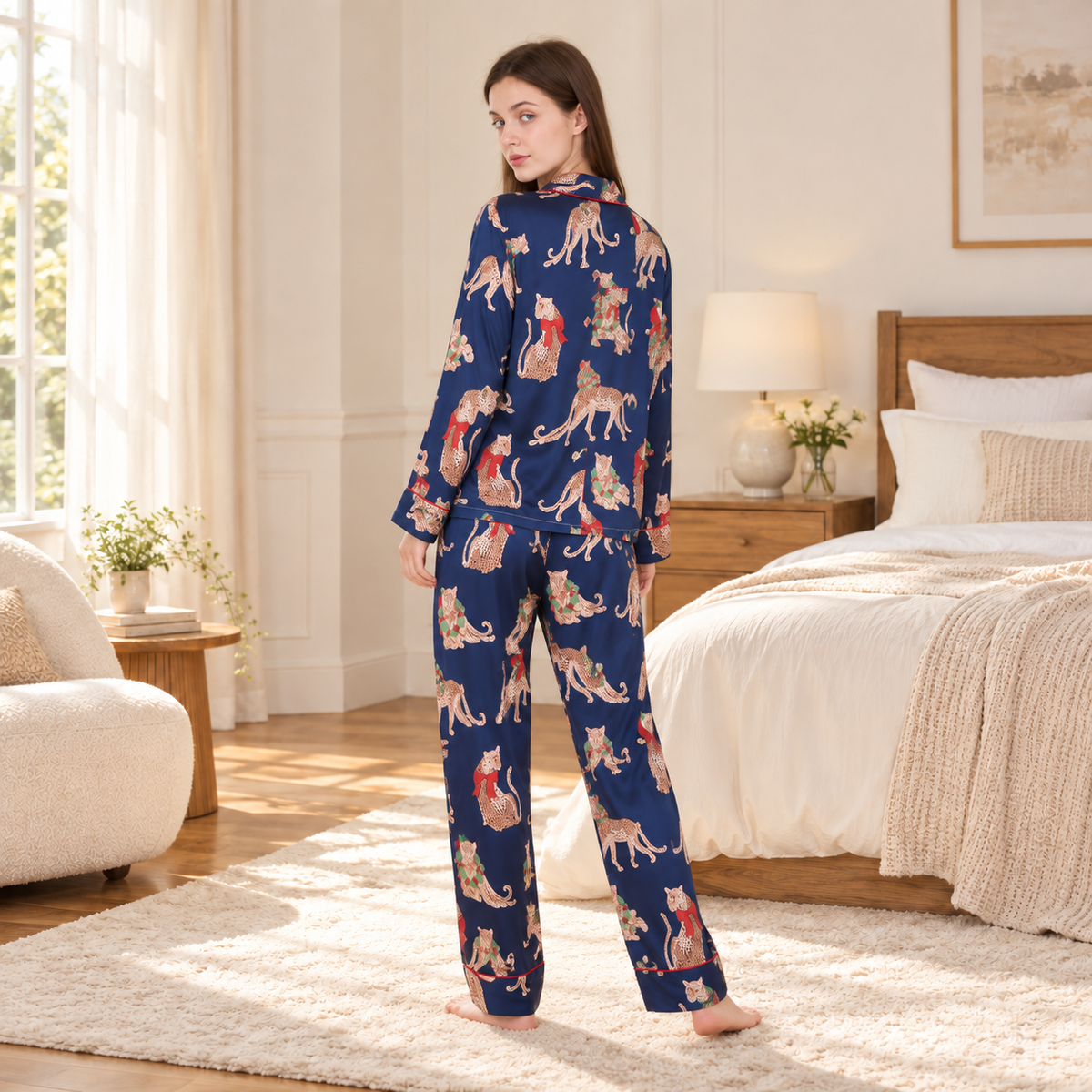 Leopard Print Satin Pyjama Set - Navy
