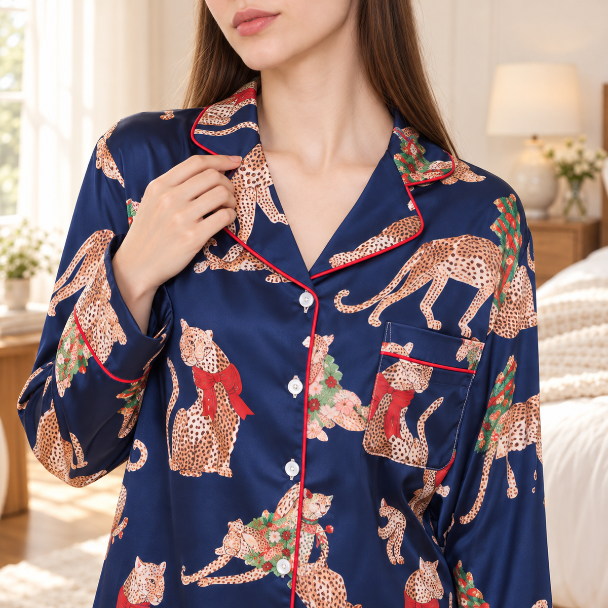 Leopard Print Satin Pyjama Set - Navy