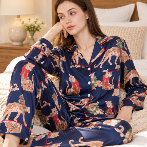 Leopard Print Satin Pyjama Set - Navy