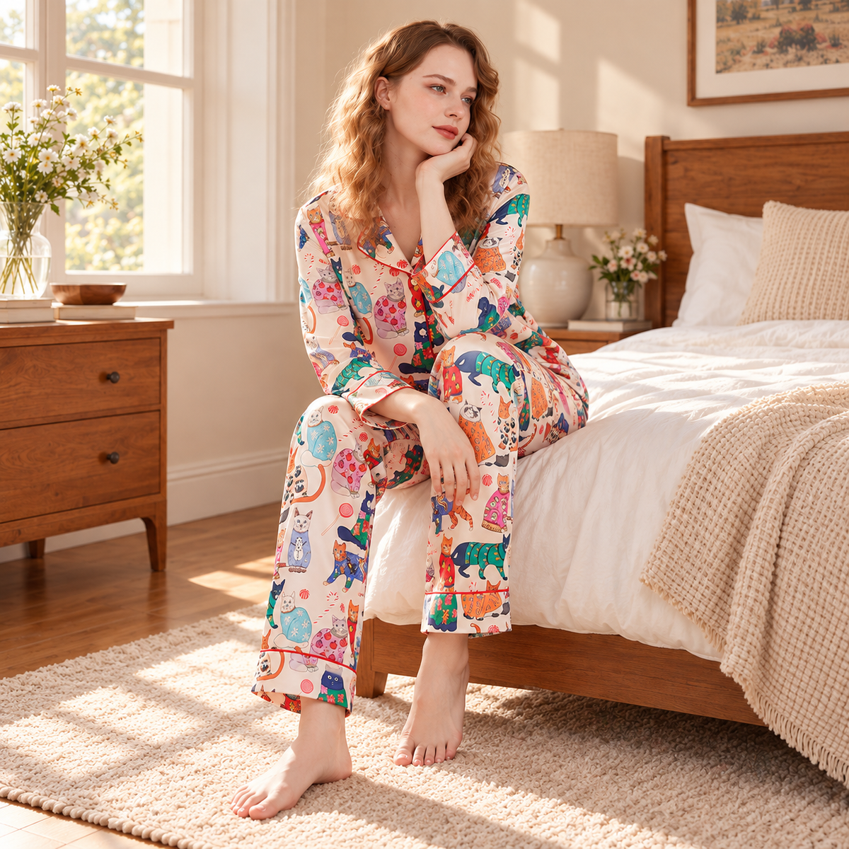 Colorful Cat Print Satin Pyjama Set - Cream