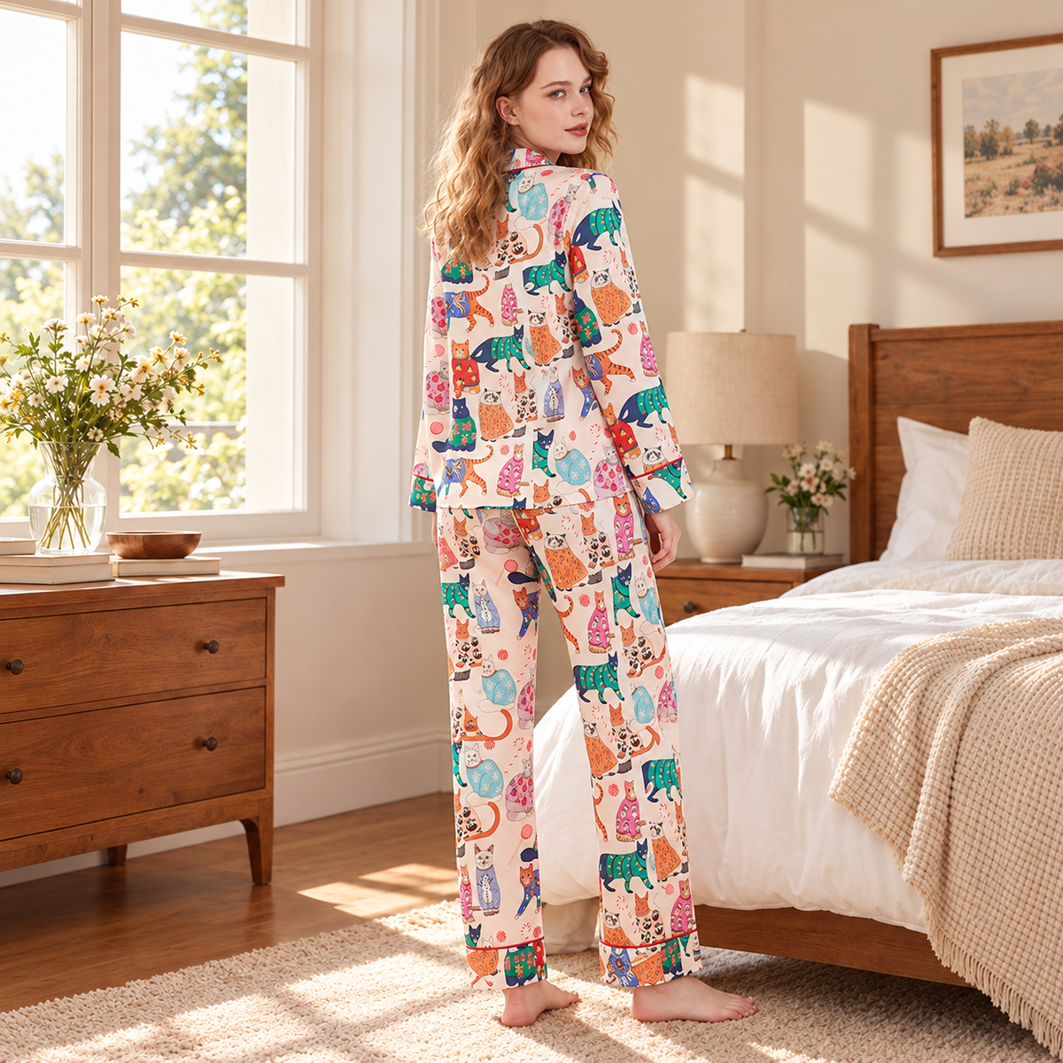 Colorful Cat Print Satin Pyjama Set - Cream