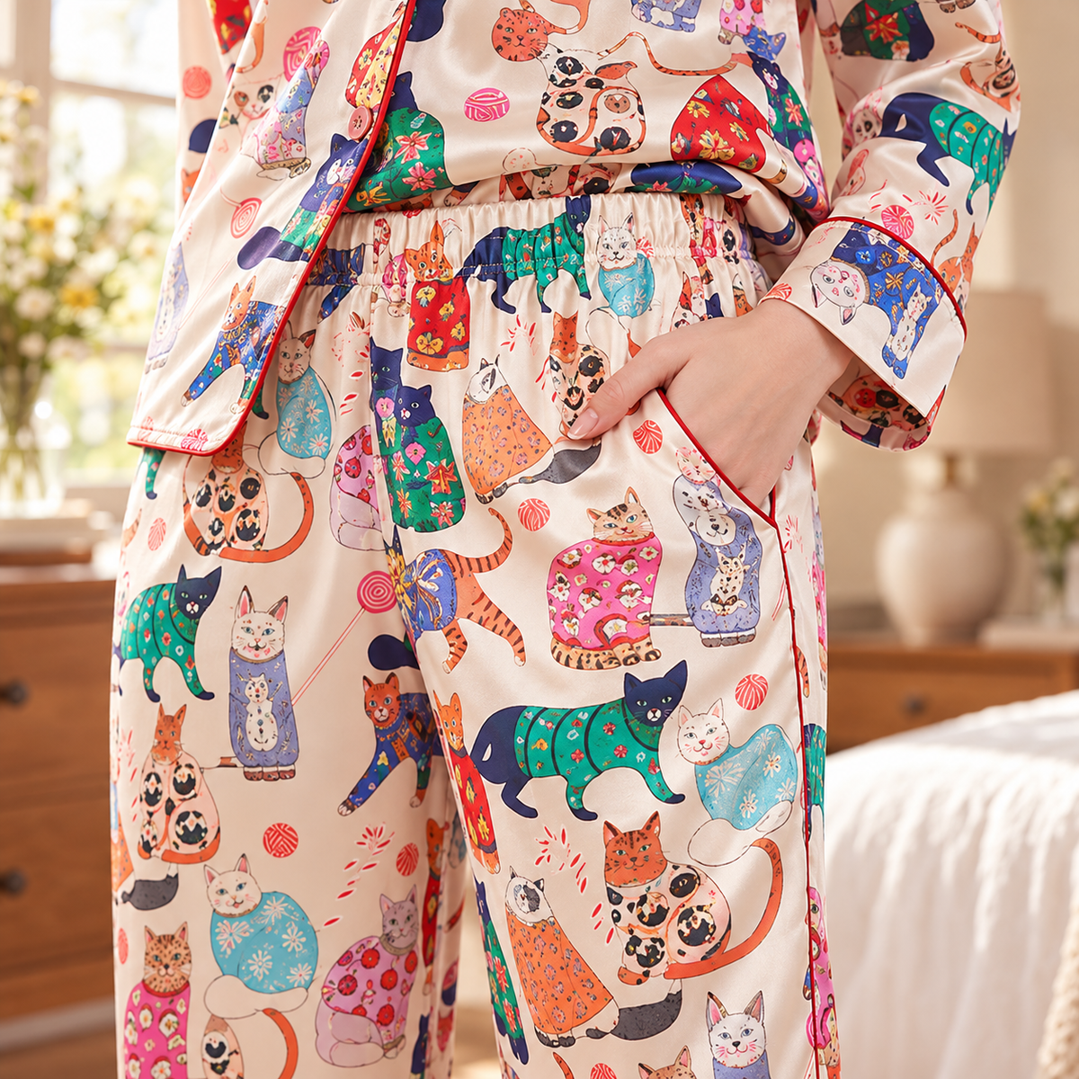Colorful Cat Print Satin Pyjama Set - Cream