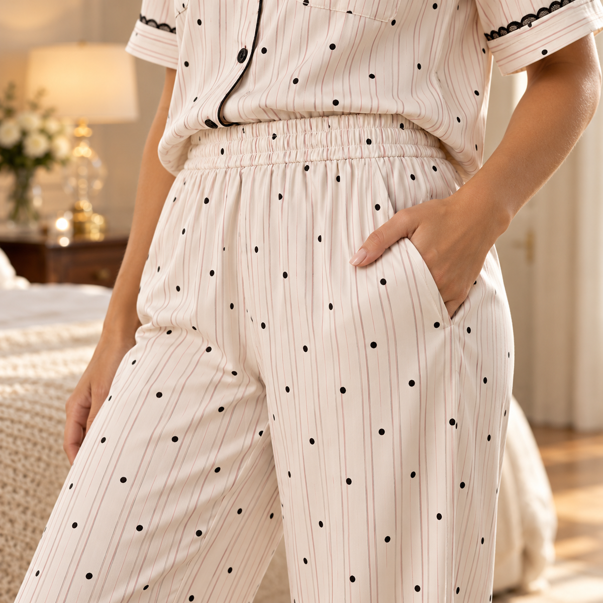 Striped Polka Dot Ice Silk Pajamas for Women