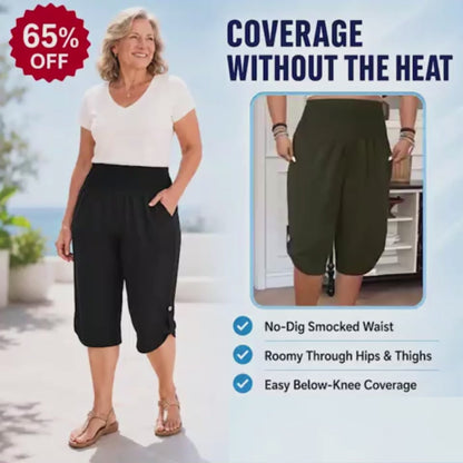 Plus-Size Smocked Waist Capri Pants