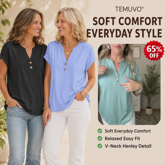 2026 Hot Style Women’s V-Neck Henley Top – Casual Loose Short Sleeve Dressy Blouse & Basic Tee