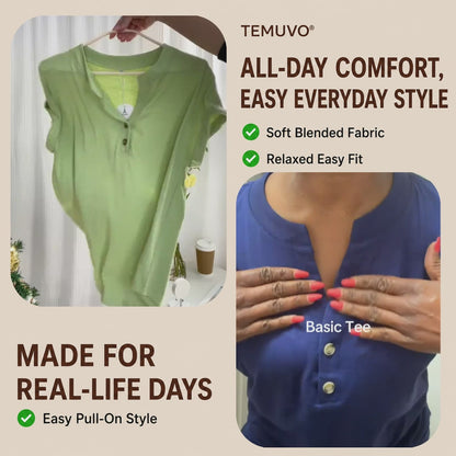 2026 Hot Style Women’s V-Neck Henley Top – Casual Loose Short Sleeve Dressy Blouse & Basic Tee